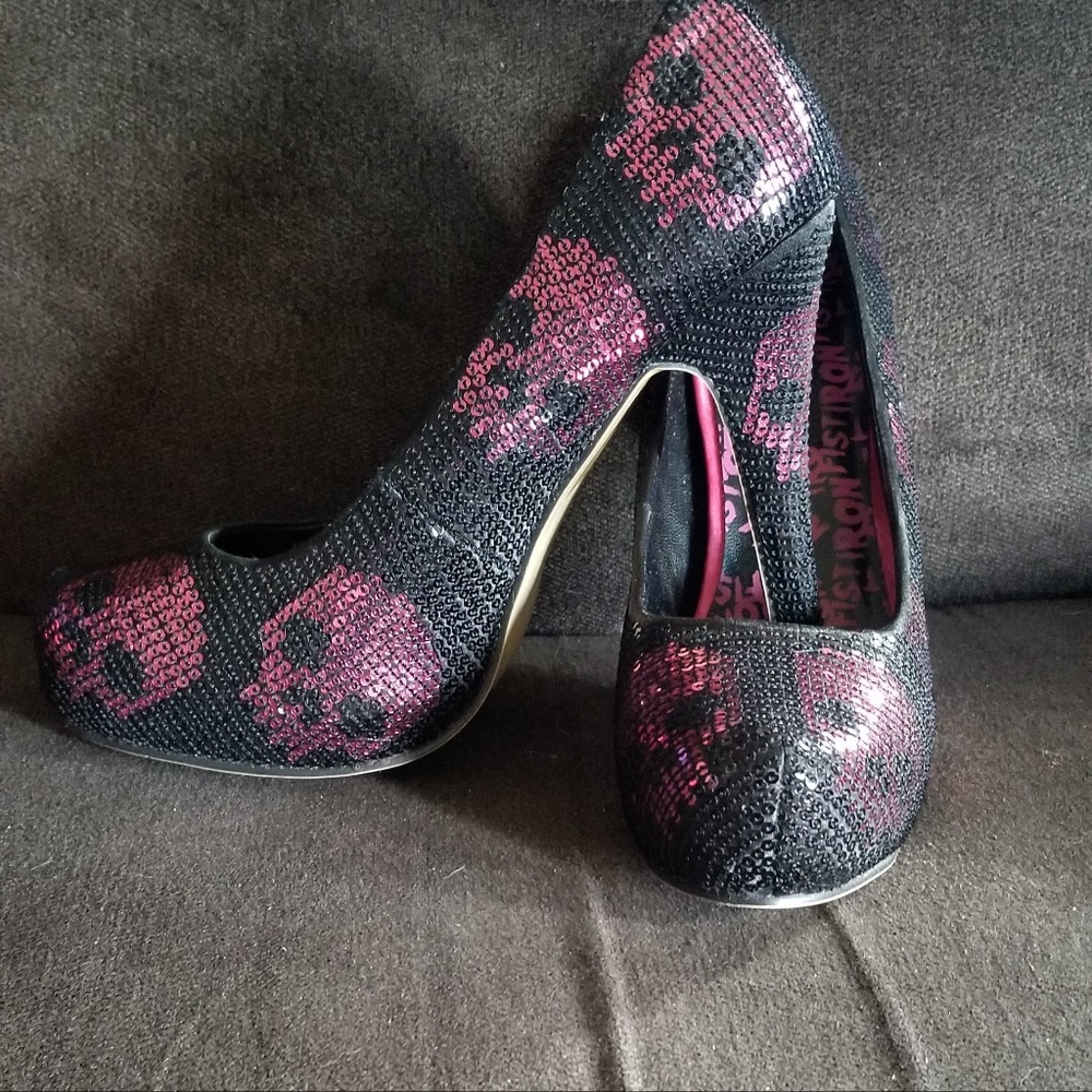 Ironfist Sequin Pink Skull Heels